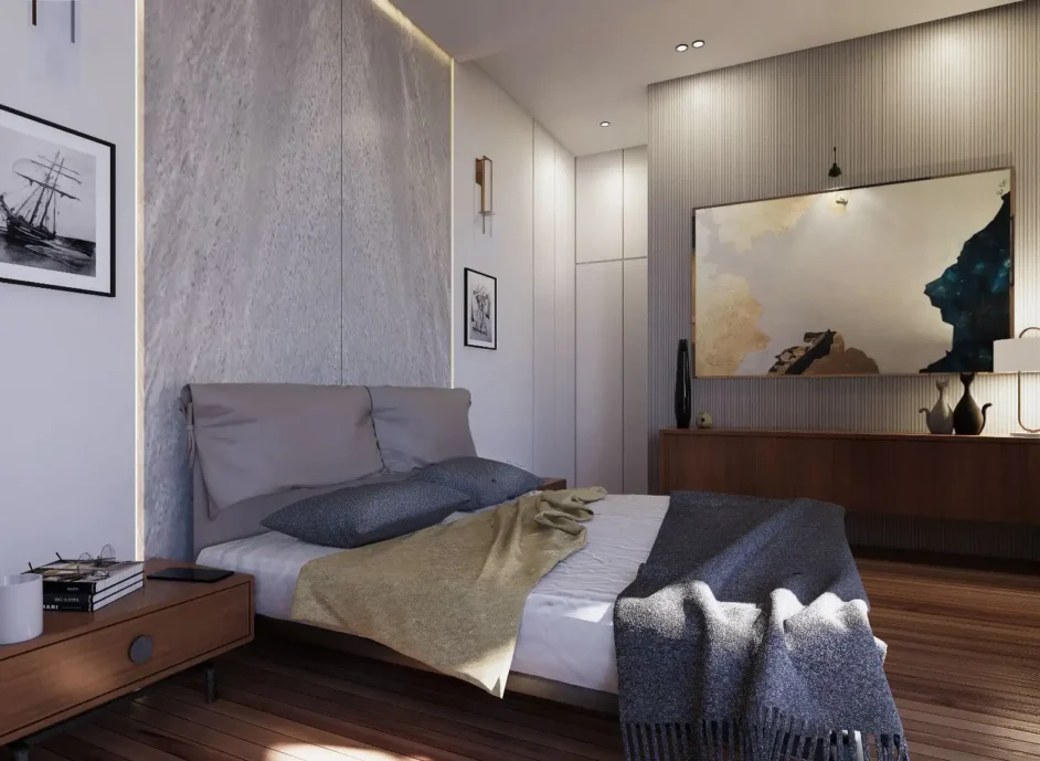 Modern minimalist bedroom featuring a textured marble headboard wall designed by a professional interior designer.